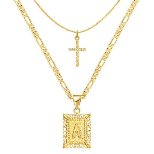 Cross Initial Necklace Set | Gold