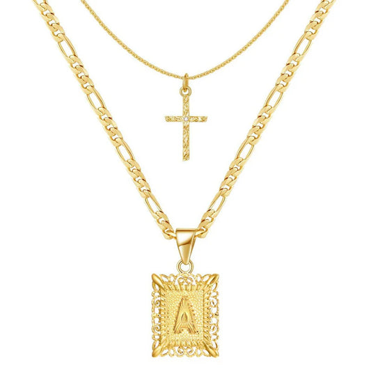Cross Initial Necklace Set | Gold