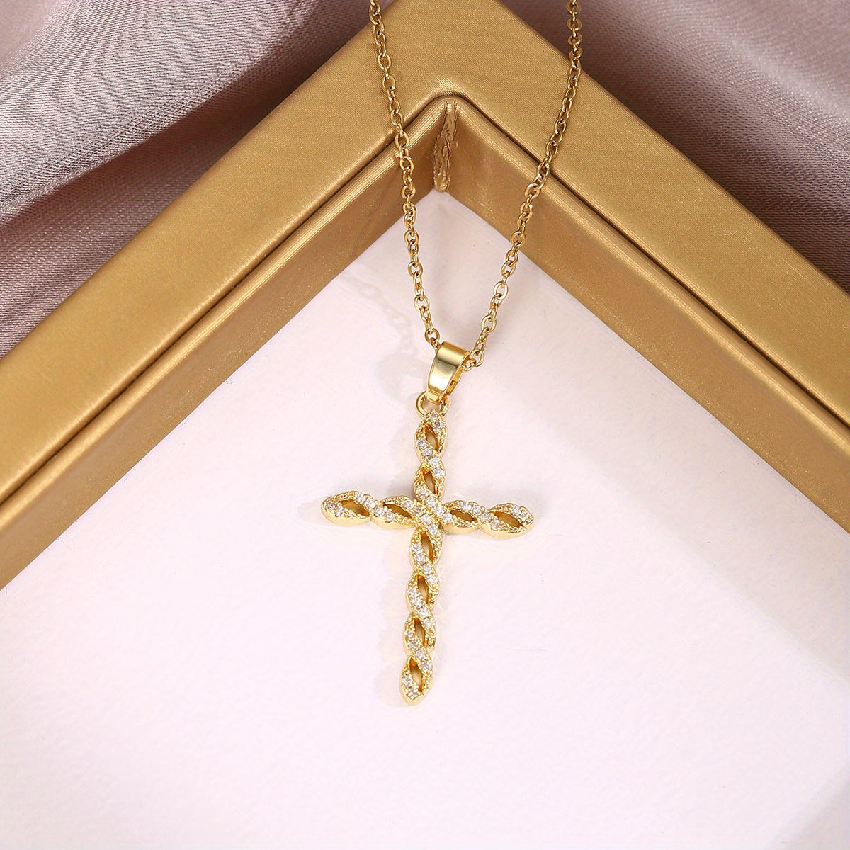 Crystal Twist Cross Necklace | Gold