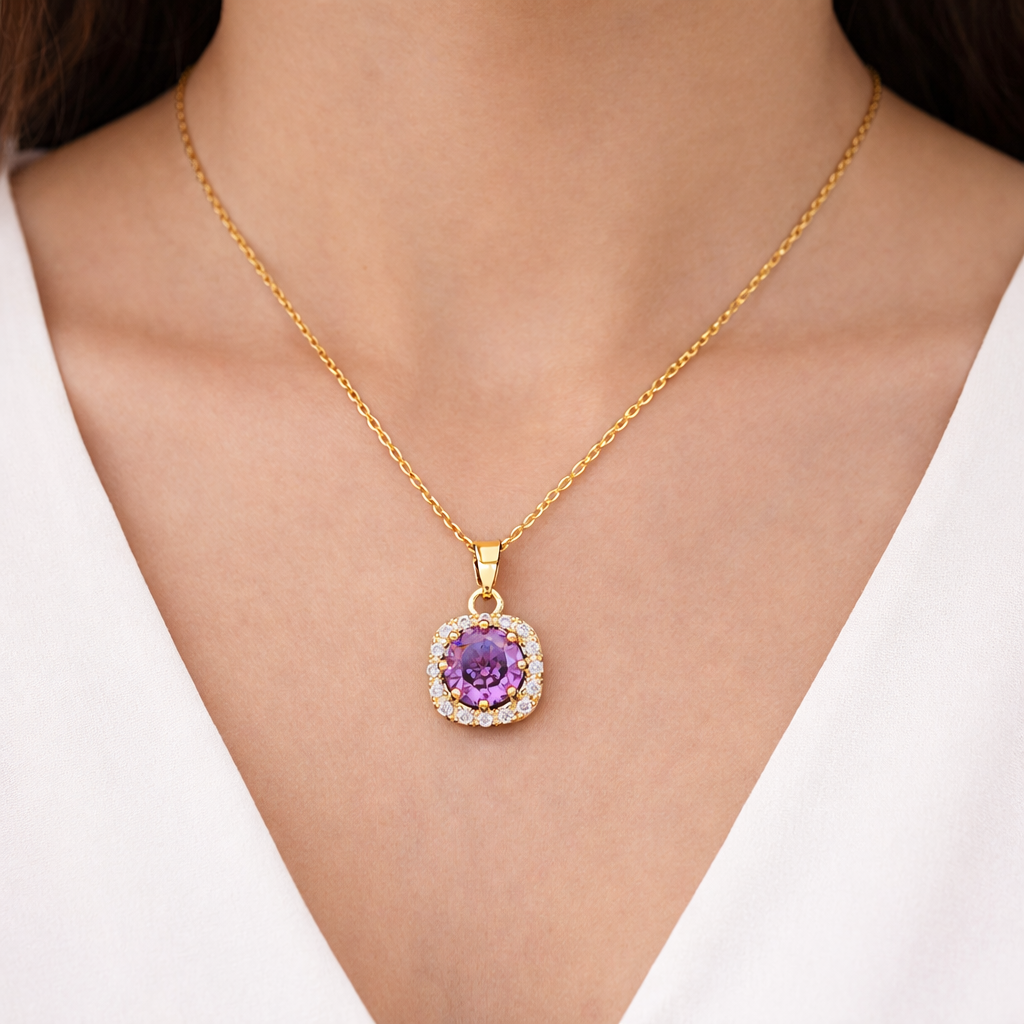 Amethyst Square Pave Necklace | Gold