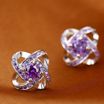 Purple Crystal Knot Earrings | White Gold