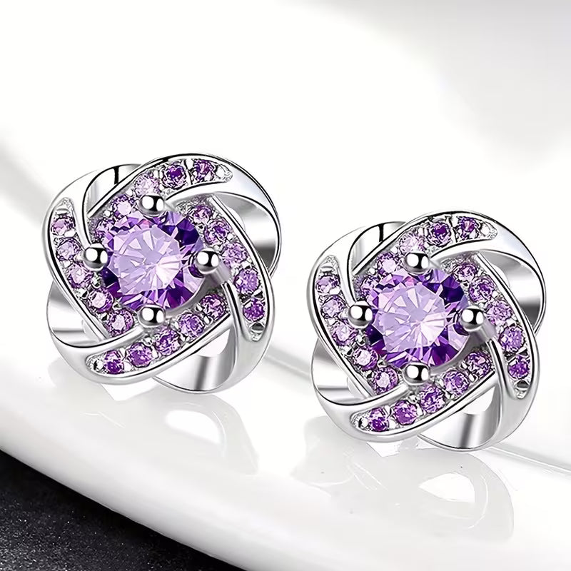 Purple Crystal Knot Earrings | White Gold