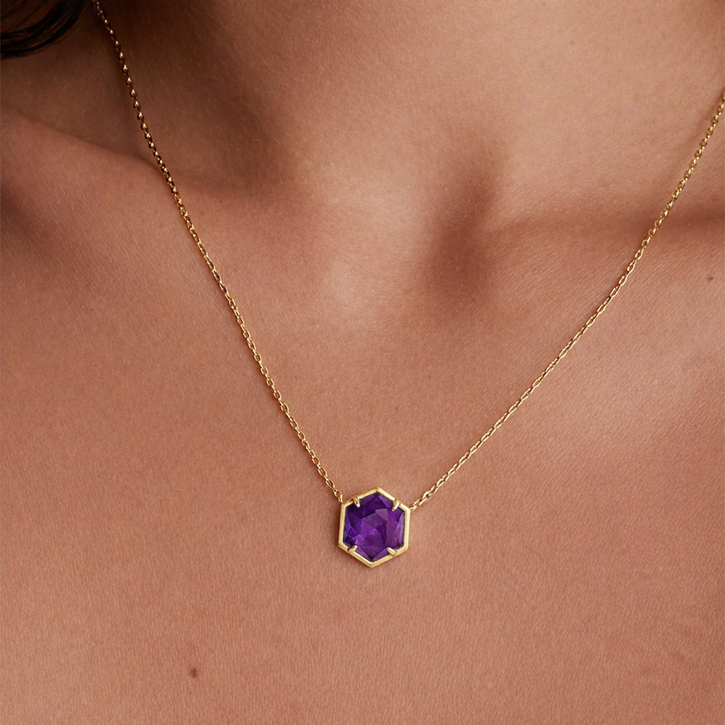 Amethyst Bezel Pendant Necklace | Rose Gold