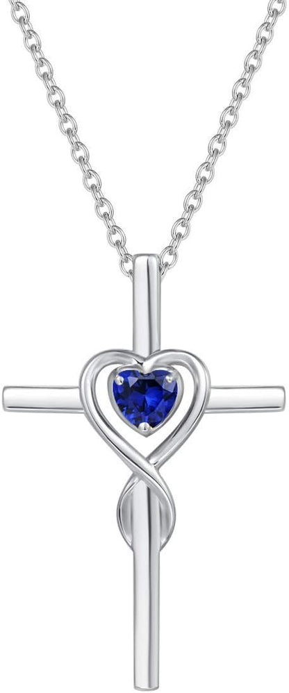 Sapphire Heart Stone Cross Necklace | White Gold
