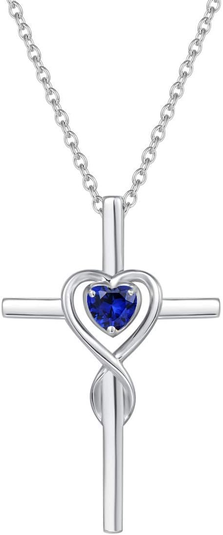 Sapphire Heart Stone Cross Necklace | White Gold