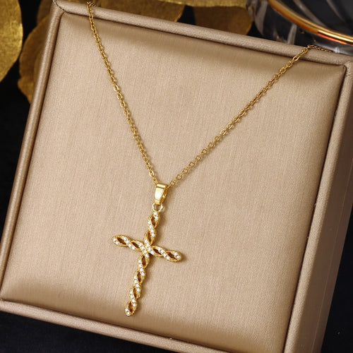 Crystal Twist Cross Necklace | Gold