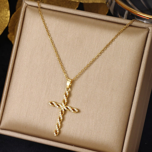 Crystal Twist Cross Necklace | Gold