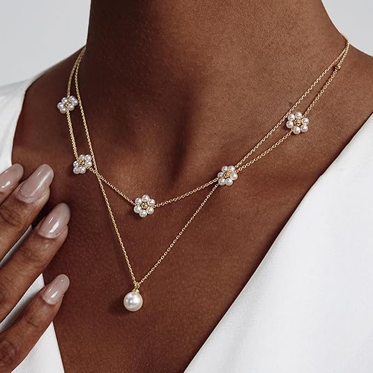 Floral Pearl Layered Necklace | Gold