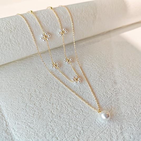 Floral Pearl Layered Necklace | Gold