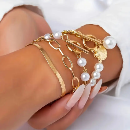 Chic Gold 4-Piece Bracelet Set – Snake, Pearls & Links | Gold