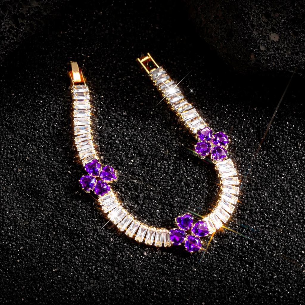 Amethyst Clover Heart Bracelet | Gold