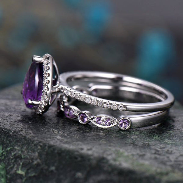 Teardrop Amethyst Ring Set | White Gold