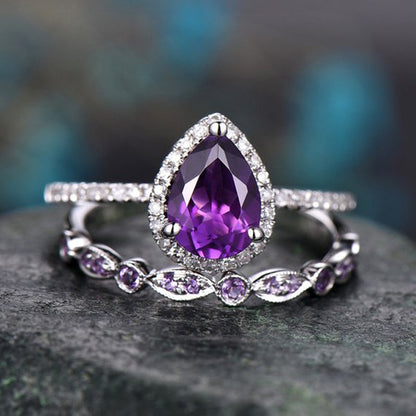 Teardrop Amethyst Ring Set | White Gold