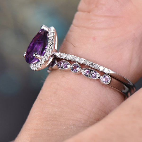 Teardrop Amethyst Ring Set | White Gold