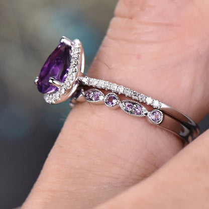 Teardrop Amethyst Ring Set | White Gold