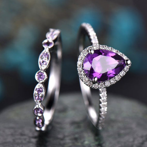 Teardrop Amethyst Ring Set | White Gold