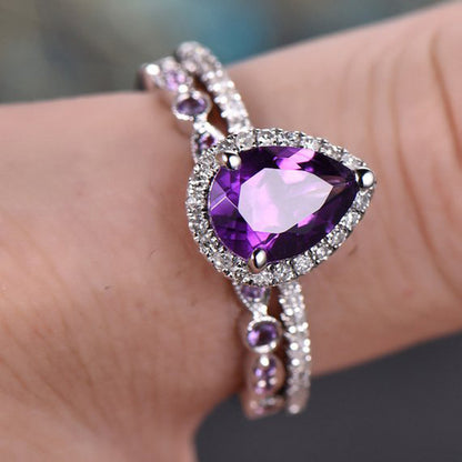 Teardrop Amethyst Ring Set | White Gold
