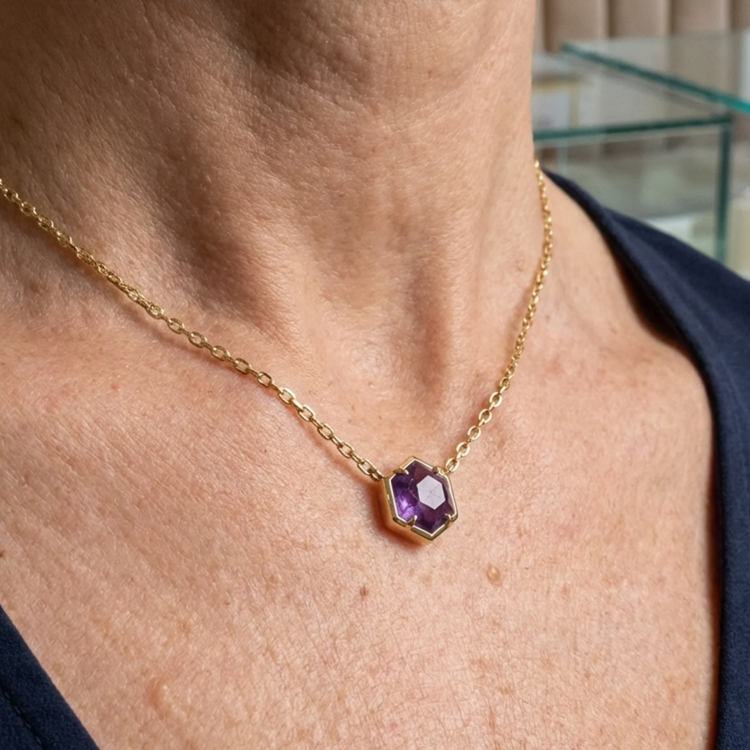 Amethyst Bezel Pendant Necklace | Rose Gold