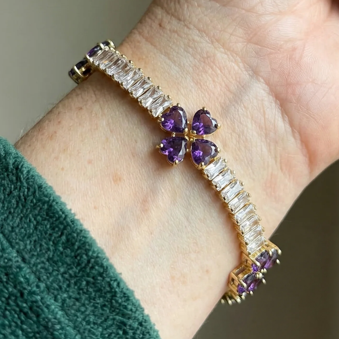 Amethyst Clover Heart Bracelet | Gold