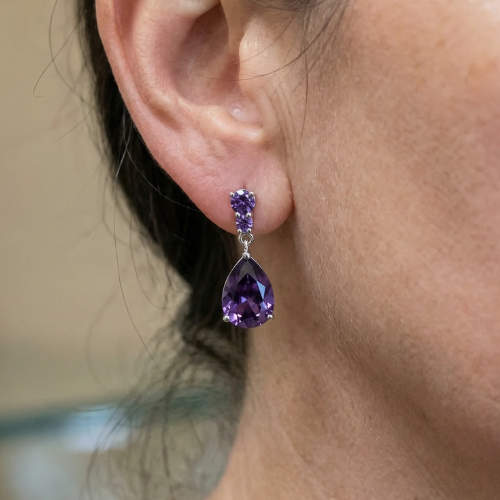 Amethyst Dewdrop Earrings | White Gold