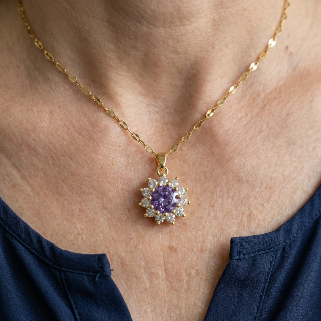Amethyst Sunflower Necklace | Gold