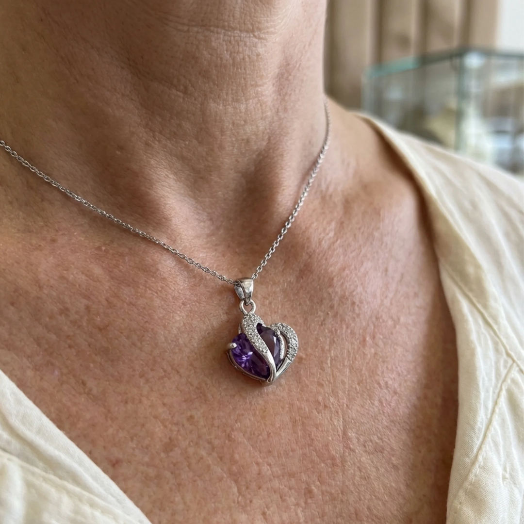 Amethyst Two Heart Necklace | White Gold