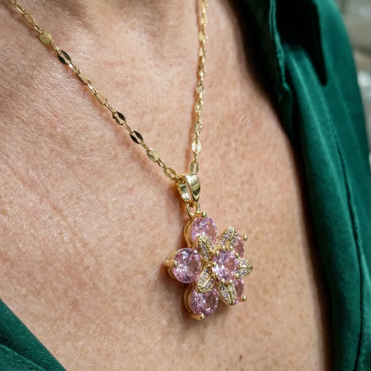 Amorea Pink Flower Necklace | Gold