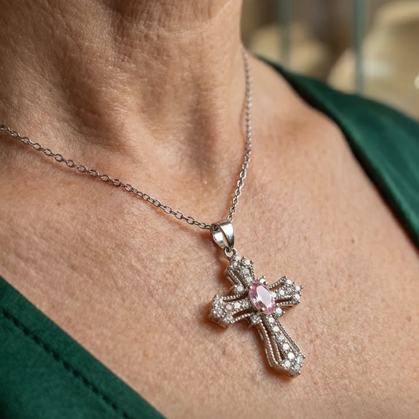 Celestial Pink Cross Necklace | White Gold