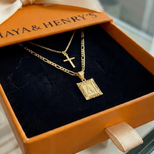 Cross Initial Necklace Set | Gold