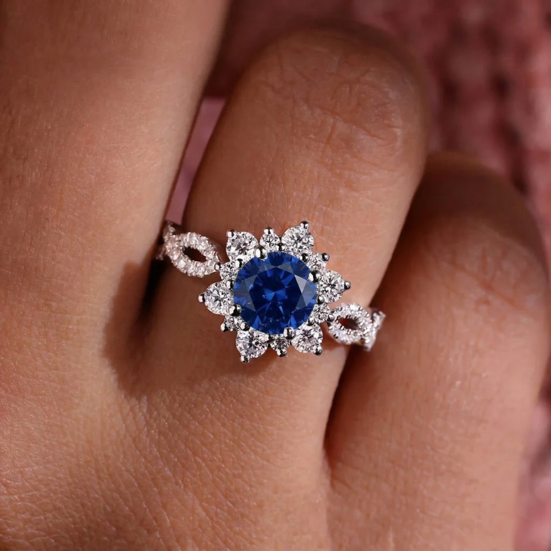 Crystal Sapphire Flower Ring | White Gold