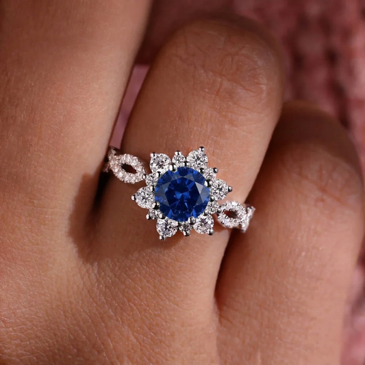 Crystal Sapphire Flower Ring | White Gold