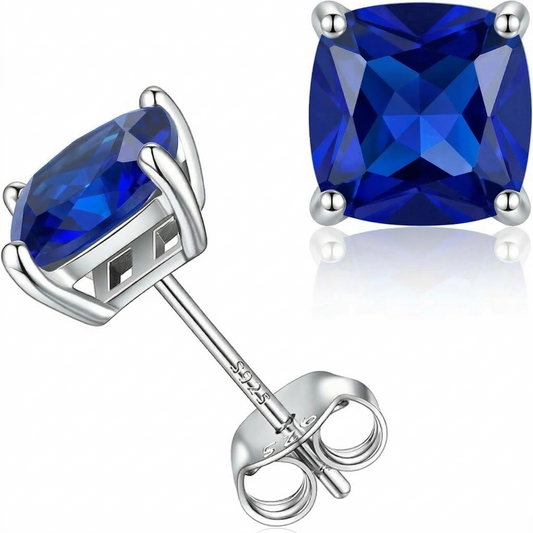 Minimalist Princess Cut Sapphire Stud Earrings | White Gold