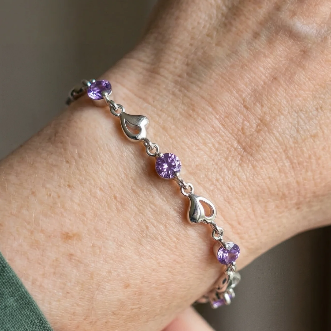 Heart Charm Amethyst Bracelet | White Gold