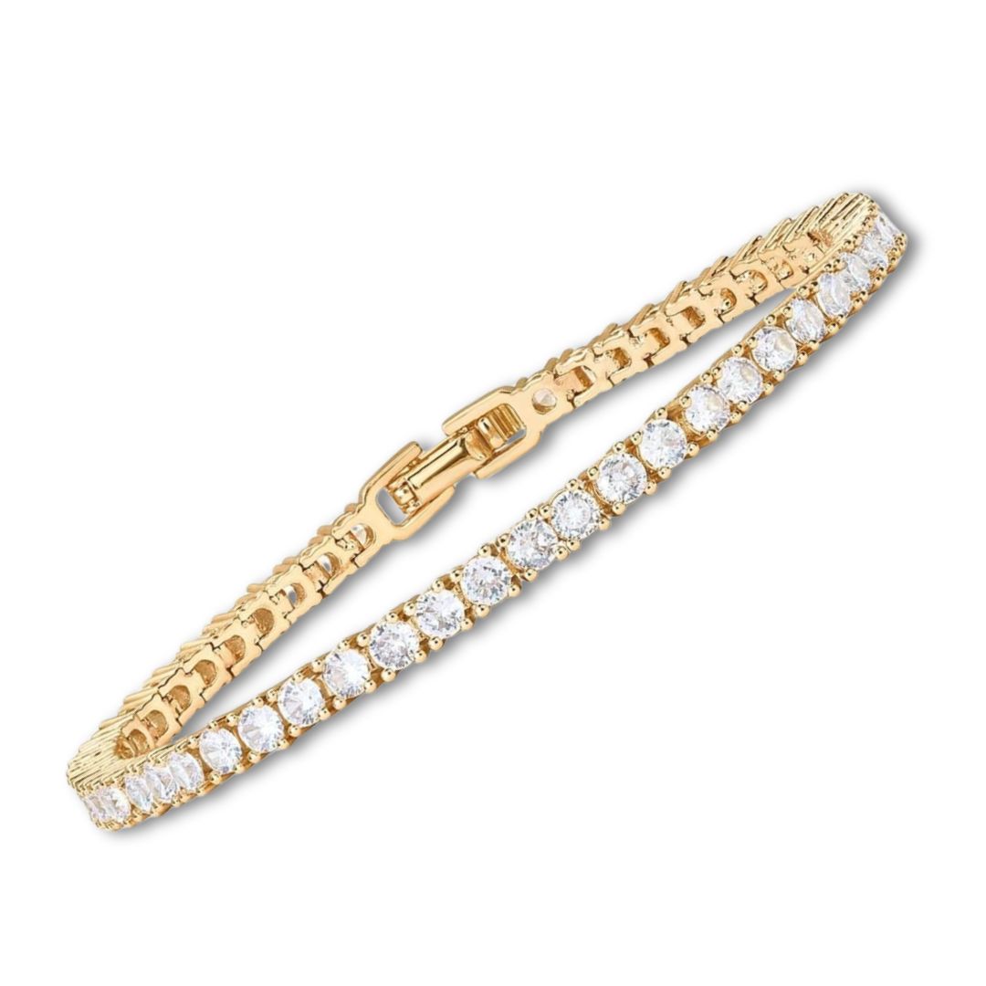 Gold tennis bracelet close-up on wrist