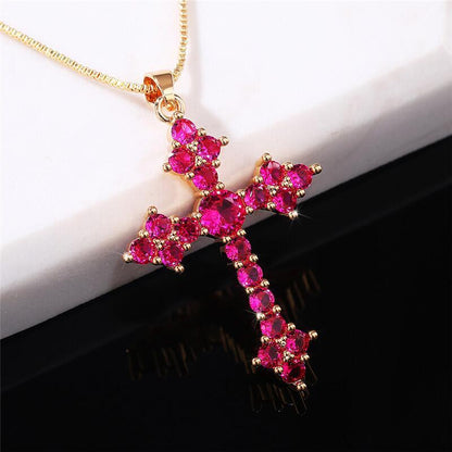 Pink Cluster Cross Necklace | Gold