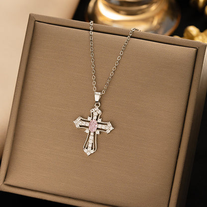 Celestial Pink Cross Necklace | White Gold