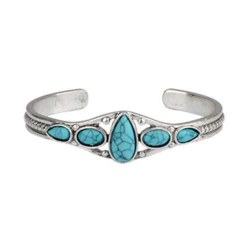 Turquoise Teardrop Open Bracelet | White Gold