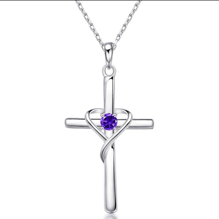 Amethyst Center Cross Necklace | White Gold