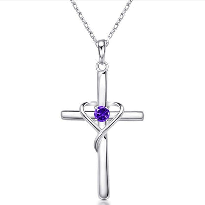 Amethyst Center Cross Necklace | White Gold