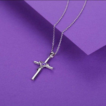 Amethyst Center Cross Necklace | White Gold