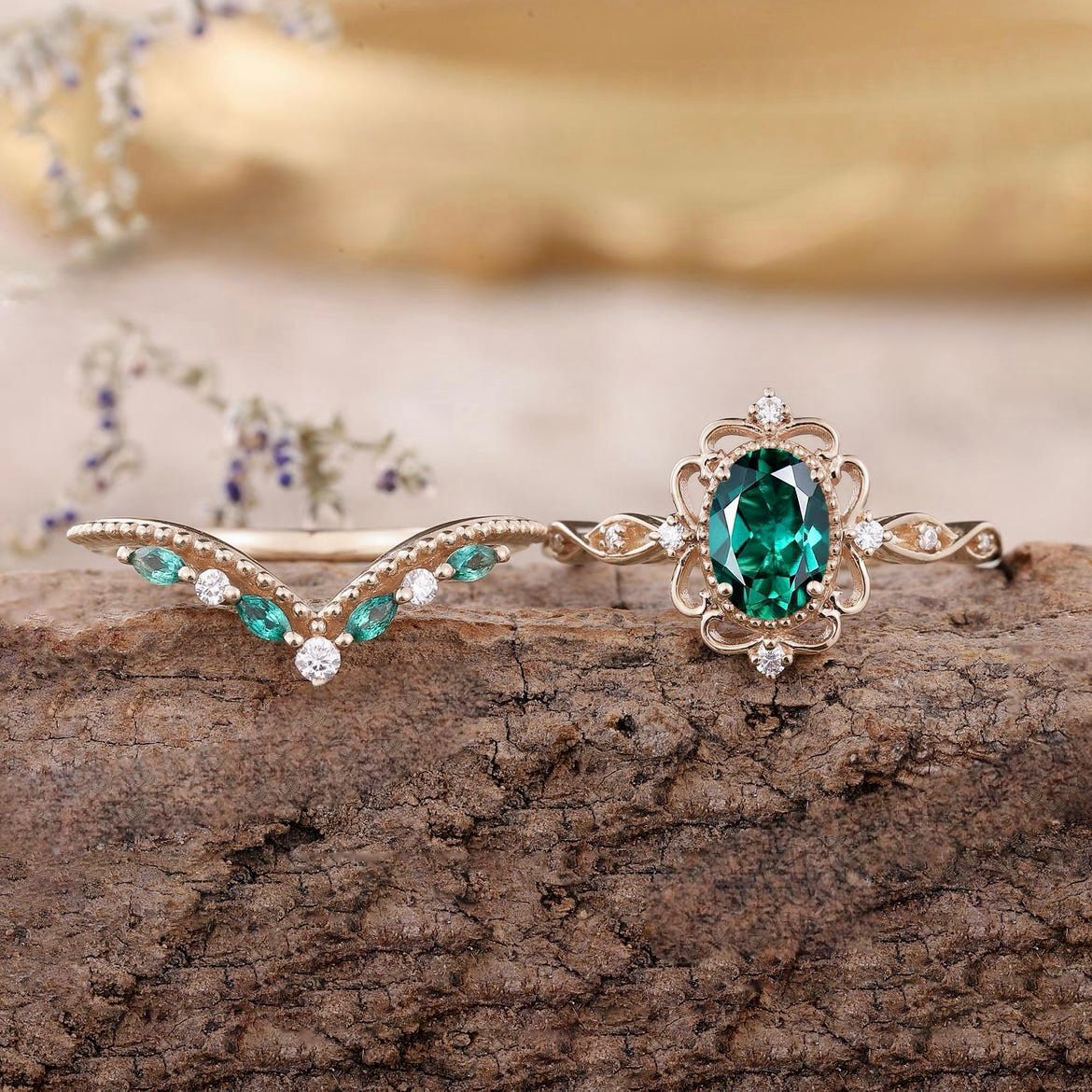 Aurelle Emerald Crown Ring Set | Rose Gold
