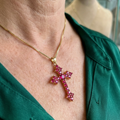 Pink Cluster Cross Necklace | Gold