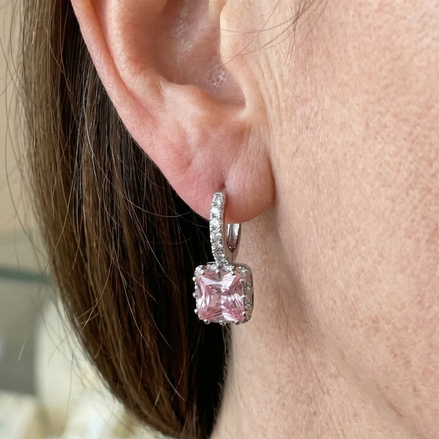 Pink Radiance Huggie Earrings | White Gold