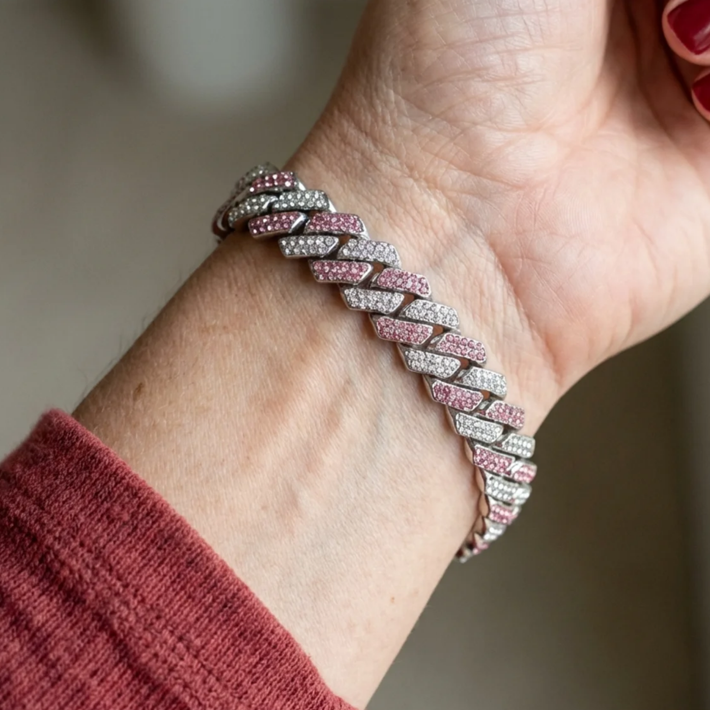 Pink Shimmer Cuban Bracelet | White Gold