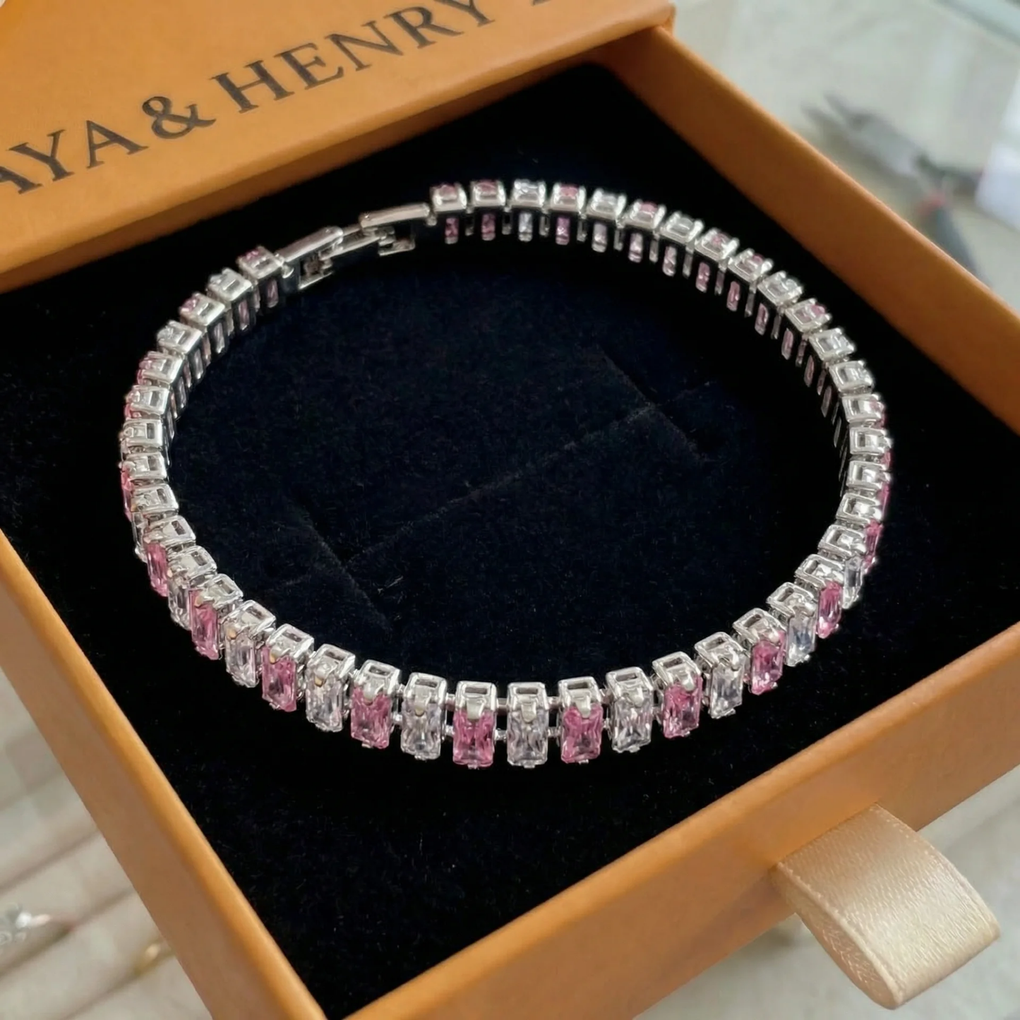 Pink Stripe Tennis Bracelet | White Gold