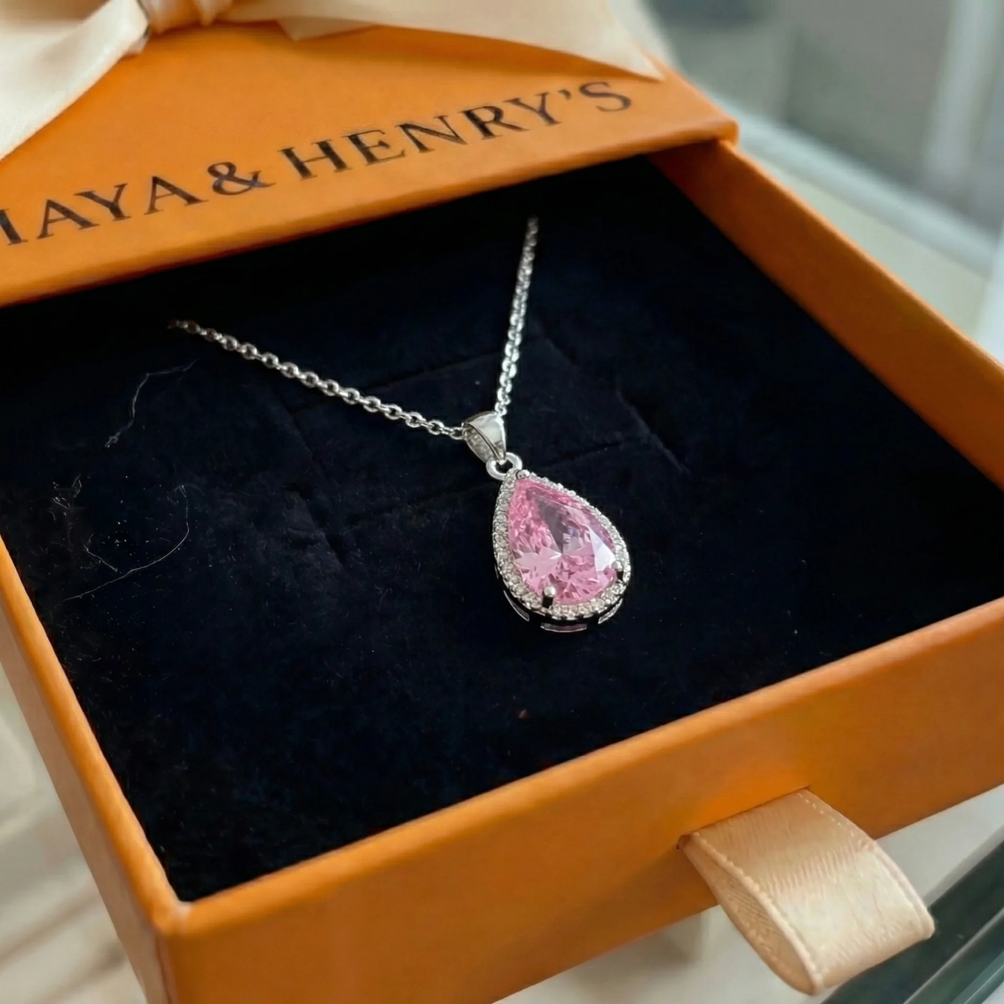 Pink Teardrop Necklace | White Gold