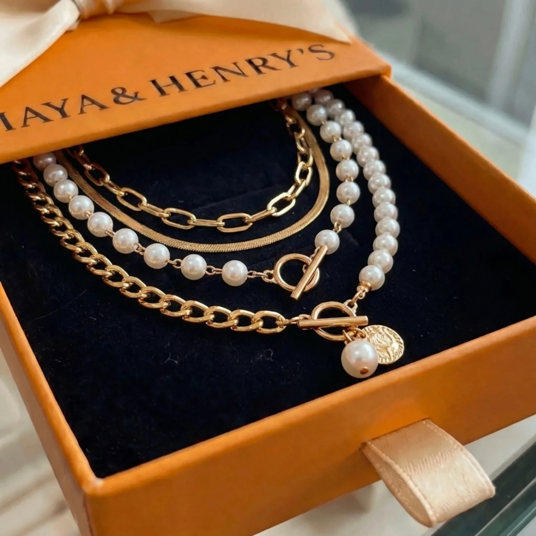 Vintage Pearl & Gold Snake Chain Necklace Set | Gold