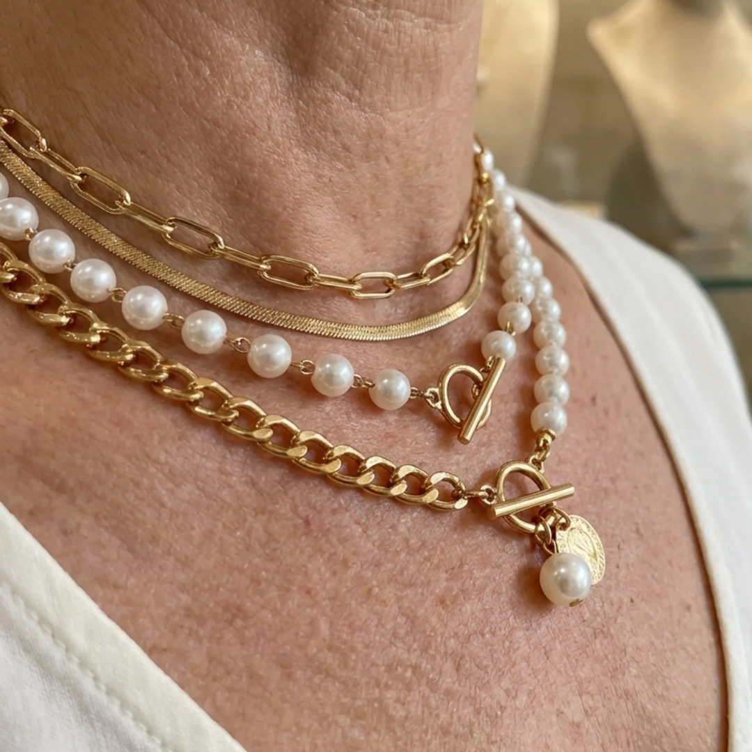 Vintage Pearl & Gold Snake Chain Necklace Set | Gold