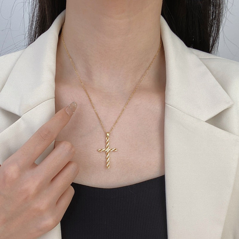 Crystal Twist Cross Necklace | Gold