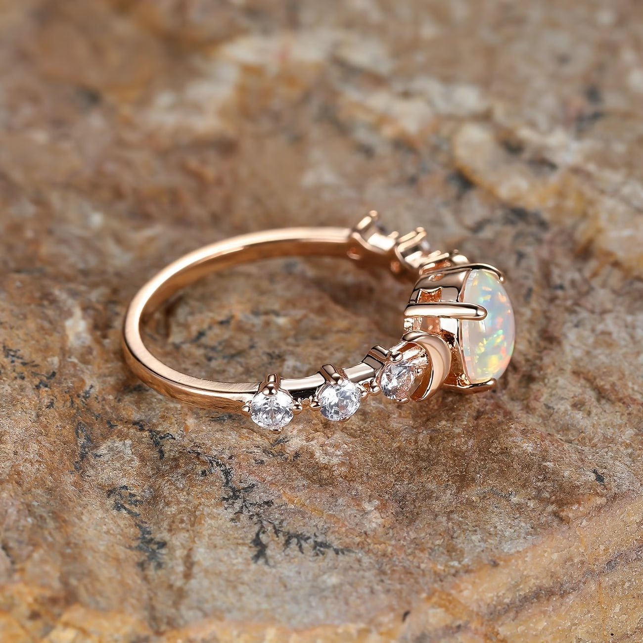 Opal Crescent Moon Ring | Rose Gold